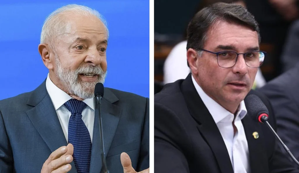 O presidente Lula e o senador Flávio Bolsonaro. Fotos Ricardo StuckertPR e Vinicius LouresCâmara dos Deputados.